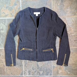 Michael Kors Elegant Women's Navy Jacket with Gold Zipper And Clasp Details